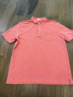 Johnnie-O Hangin’ Out Striped Polo Shirt - Coral & Blue - Size Large